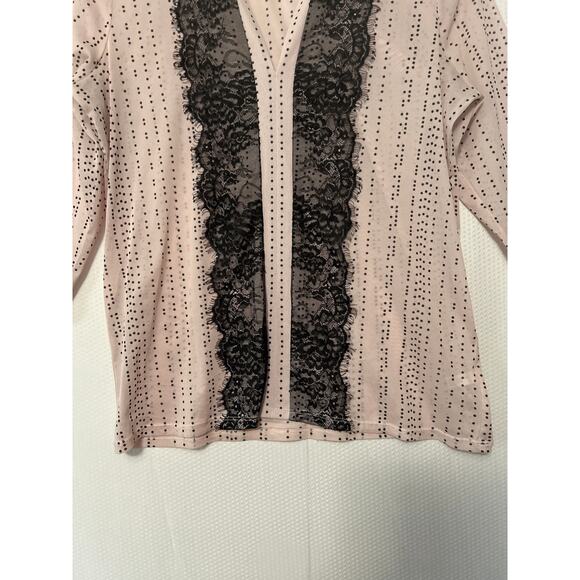The Limited Women's Light Pink Black Micro Dot Blouse Lace Sheer V-Neck Medium - Picture 3 of 11